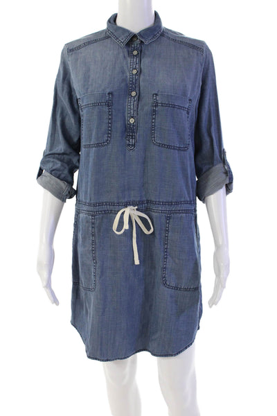 Lou & Grey Womens Collared Quarter Button Up Drawstring Waist Dress Blue Size XS