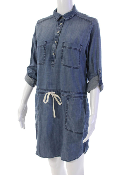 Lou & Grey Womens Collared Quarter Button Up Drawstring Waist Dress Blue Size XS