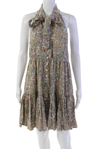 McGuire Womens Linen Floral Print Tiered Button Up Tie Neck Dress Brown Size XS