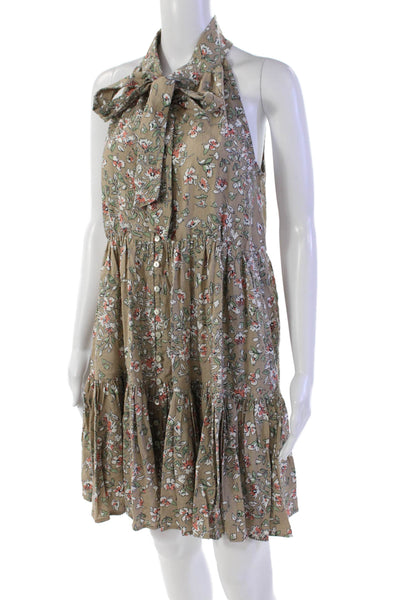 McGuire Womens Linen Floral Print Tiered Button Up Tie Neck Dress Brown Size XS