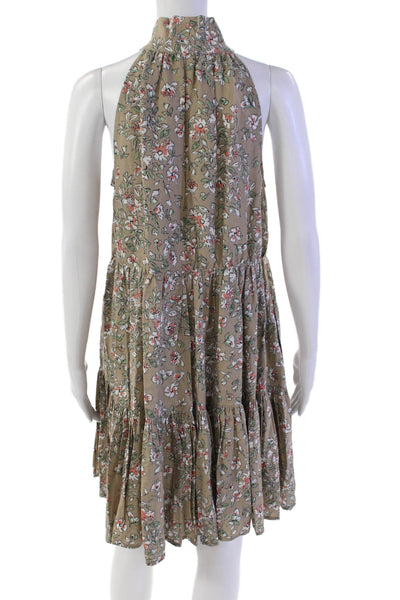 McGuire Womens Linen Floral Print Tiered Button Up Tie Neck Dress Brown Size XS