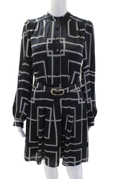 Joie Womens Geometric Print Belted Button Down A Line Dress Navy Blue White Size