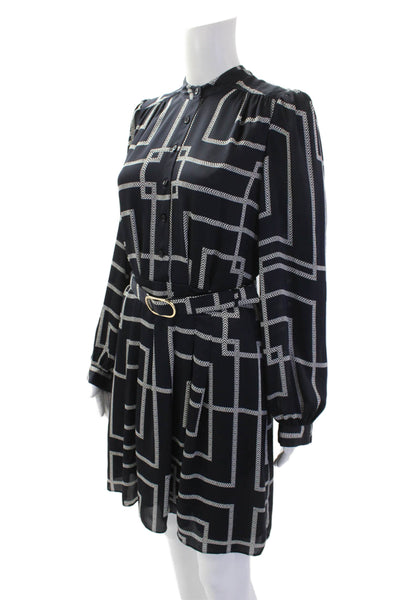 Joie Womens Geometric Print Belted Button Down A Line Dress Navy Blue White Size