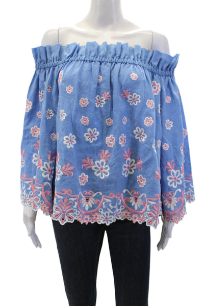 Svitlaya Womens Linen Floral Off The Shoulder 3/4 Sleeve Blouse Blue Size S
