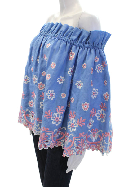 Svitlaya Womens Linen Floral Off The Shoulder 3/4 Sleeve Blouse Blue Size S