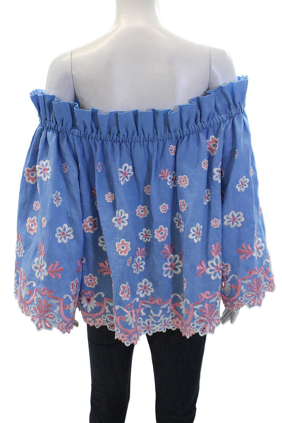 Svitlaya Womens Linen Floral Off The Shoulder 3/4 Sleeve Blouse Blue Size S