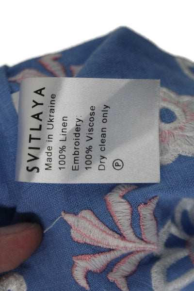 Svitlaya Womens Linen Floral Off The Shoulder 3/4 Sleeve Blouse Blue Size S
