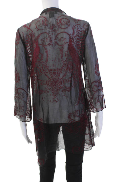 Citron Womens Silk Printed Long Sleeves Wrap Blouse Black Red Size Small