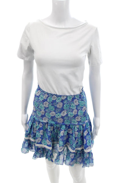Sunday Saint Tropez Womens Smocked Waistband Floral Silk Skirt Blue One Size