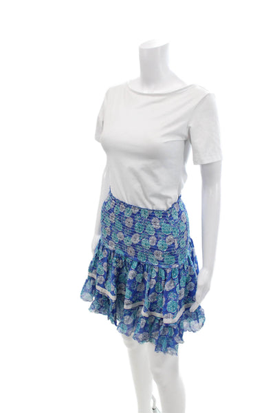Sunday Saint Tropez Womens Smocked Waistband Floral Silk Skirt Blue One Size