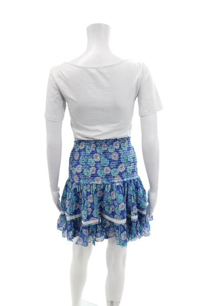 Sunday Saint Tropez Womens Smocked Waistband Floral Silk Skirt Blue One Size
