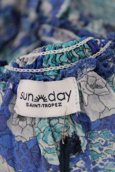 Sunday Saint Tropez Womens Smocked Waistband Floral Silk Skirt Blue One Size