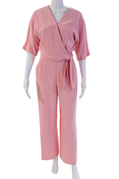 Trina Turk Womens Solid V-Neck Short Sleeve Flared Jumpsuit Light Pink Size 0