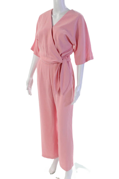 Trina Turk Womens Solid V-Neck Short Sleeve Flared Jumpsuit Light Pink Size 0
