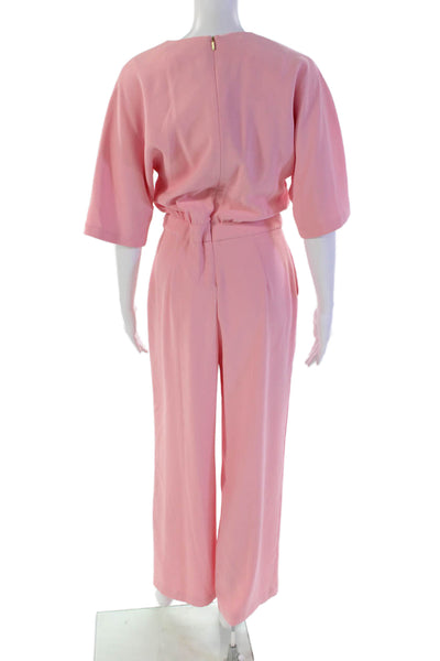 Trina Turk Womens Solid V-Neck Short Sleeve Flared Jumpsuit Light Pink Size 0
