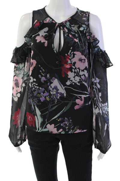 Yumi Kim Womens Floral Long Sleeve Cold Shoulder Blouse Top Black Size XS
