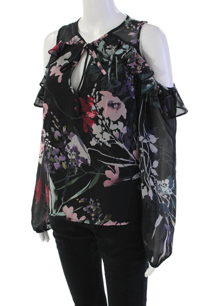 Yumi Kim Womens Floral Long Sleeve Cold Shoulder Blouse Top Black Size XS