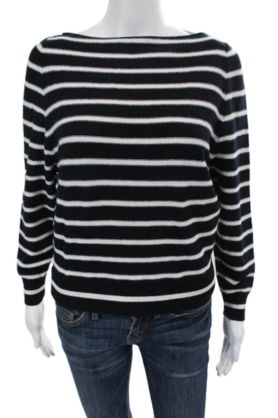 Vince Womens Cotton  Knit Striped Round Neck Pullover Sweater Top Navy Size XS