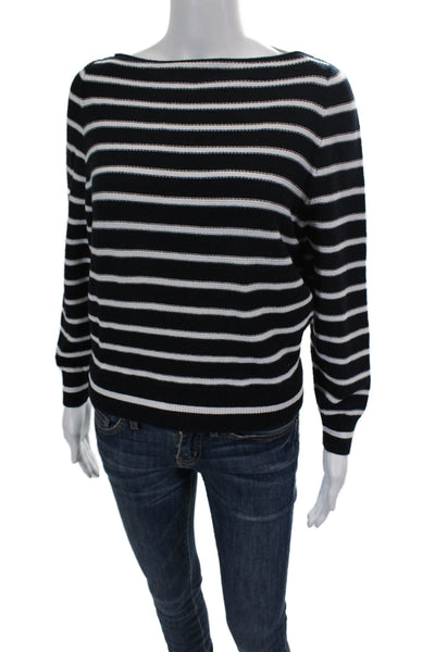 Vince Womens Cotton  Knit Striped Round Neck Pullover Sweater Top Navy Size XS