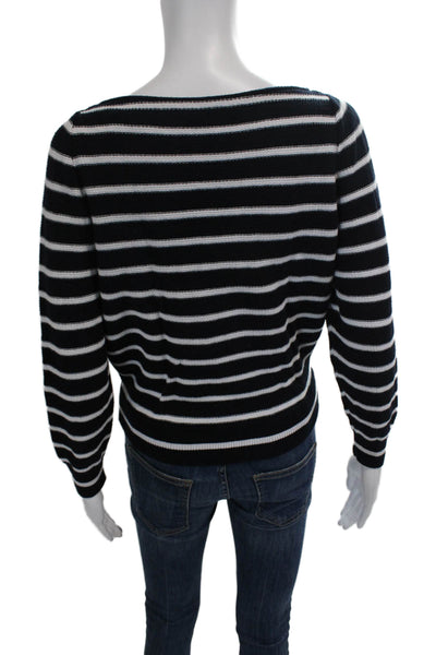 Vince Womens Cotton  Knit Striped Round Neck Pullover Sweater Top Navy Size XS