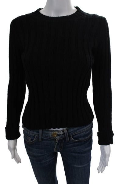 Vince Womens Cotton Ribbed Knit Round Neck Pullover Sweater Top Black Size XS