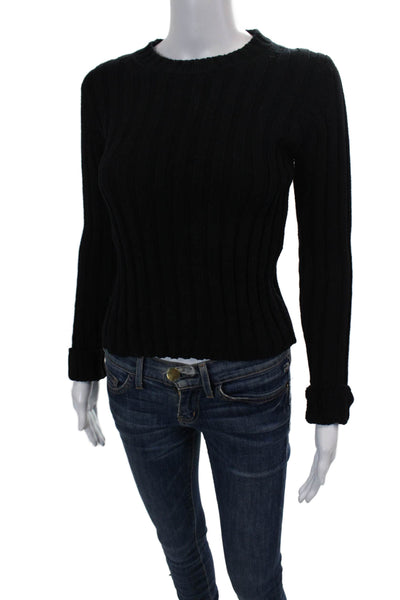 Vince Womens Cotton Ribbed Knit Round Neck Pullover Sweater Top Black Size XS