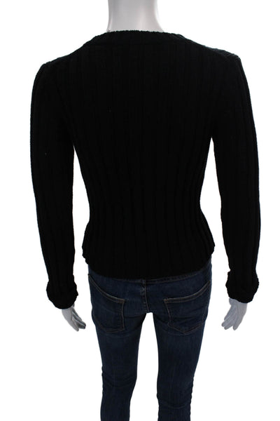 Vince Womens Cotton Ribbed Knit Round Neck Pullover Sweater Top Black Size XS