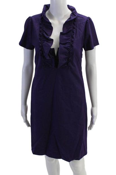J Crew Womens Wool Ruffle Design Short Sleeve Midi Pencil Dress Purple Size 2