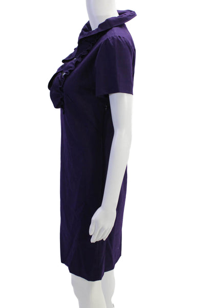 J Crew Womens Wool Ruffle Design Short Sleeve Midi Pencil Dress Purple Size 2