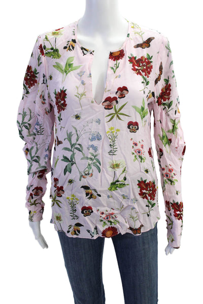 Joie Womens Floral Print Long Sleeve V-Neck Pullover Blouse Top Pink Size S