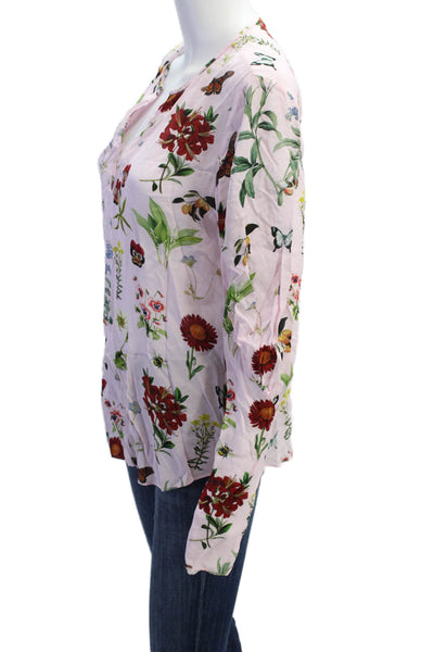 Joie Womens Floral Print Long Sleeve V-Neck Pullover Blouse Top Pink Size S