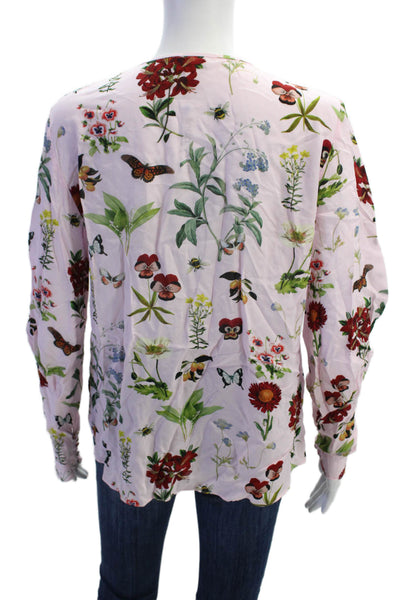 Joie Womens Floral Print Long Sleeve V-Neck Pullover Blouse Top Pink Size S