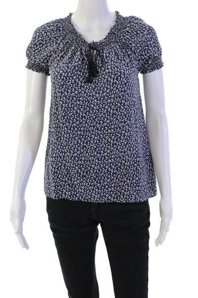 Joie Womens Silk Floral Print Tassel Tie Accent Smocked Detail Top Blue Size S