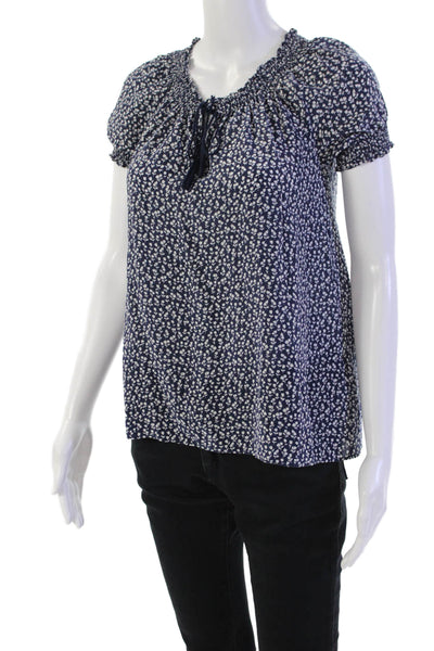 Joie Womens Silk Floral Print Tassel Tie Accent Smocked Detail Top Blue Size S