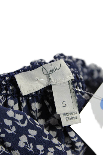 Joie Womens Silk Floral Print Tassel Tie Accent Smocked Detail Top Blue Size S