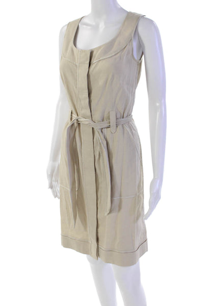 Elie Tahari Womens Linen Buttoned Sleeveless Waist Tied Dress Beige Size 4
