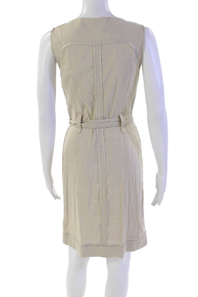 Elie Tahari Womens Linen Buttoned Sleeveless Waist Tied Dress Beige Size 4