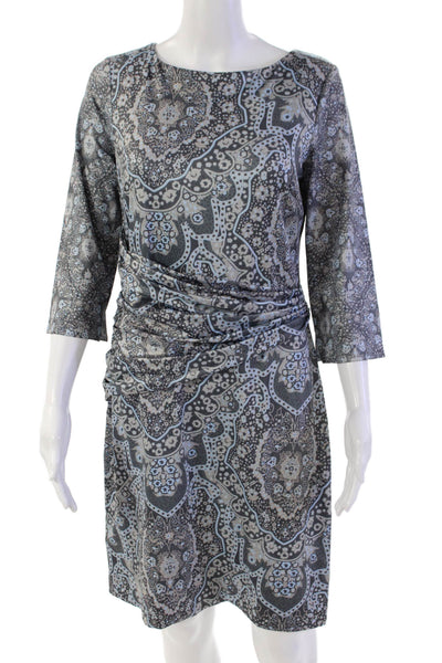 Gretchen Scott Womens Geometric Ruched 3/4 Sleeve Knee Length Dress Gray Size S