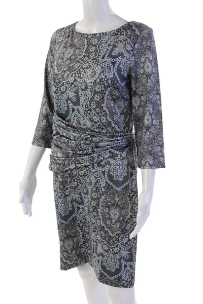 Gretchen Scott Womens Geometric Ruched 3/4 Sleeve Knee Length Dress Gray Size S