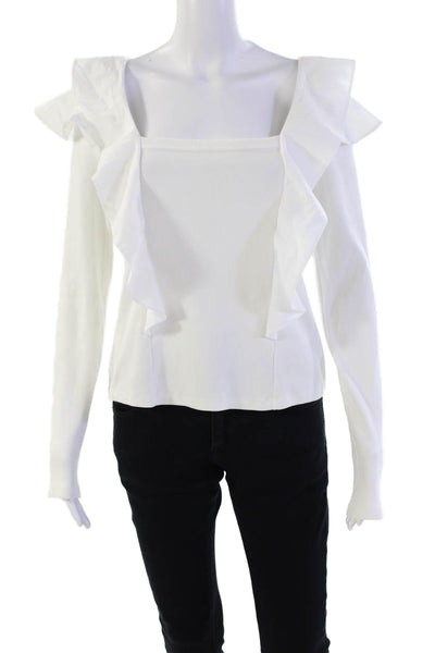 Veronica Beard Womens Cotton Square Neck Ruffled Detail Top Solid White Size M