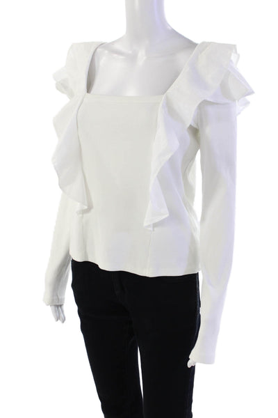 Veronica Beard Womens Cotton Square Neck Ruffled Detail Top Solid White Size M