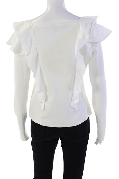 Veronica Beard Womens Cotton Square Neck Ruffled Detail Top Solid White Size M