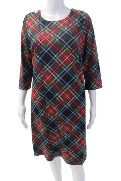 Gretchen Scott Womens Plaid Buttoned 3/4 Sleeve Shift Dress Multicolor Size S