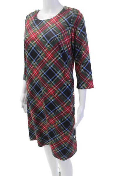 Gretchen Scott Womens Plaid Buttoned 3/4 Sleeve Shift Dress Multicolor Size S