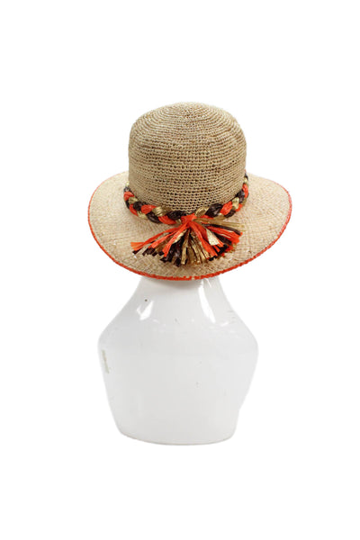 Raffaello Bettini Womens Straw Braided Pull On Sun Hat Beige Orange