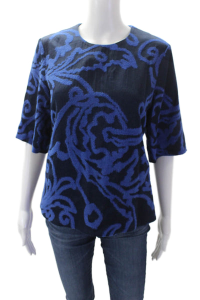 COS Womens Abstract Print Back Darted Short Sleeve Round Neck Blouse Blue Size 6