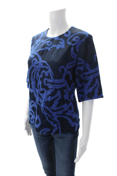 COS Womens Abstract Print Back Darted Short Sleeve Round Neck Blouse Blue Size 6