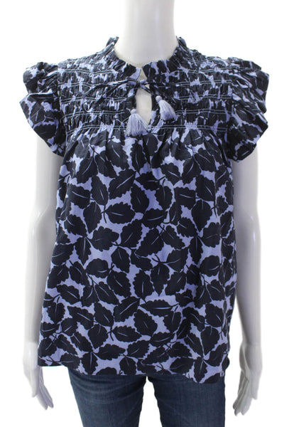STS Sail To Sable Womens Floral Ruffle Short Sleeve Blouse Blue Size S