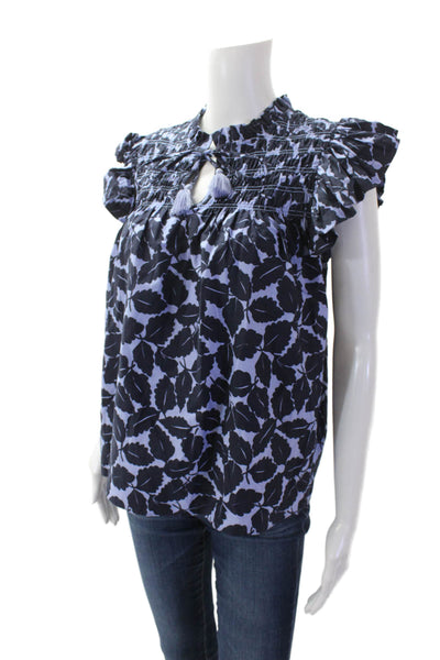 STS Sail To Sable Womens Floral Ruffle Short Sleeve Blouse Blue Size S