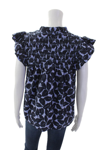 STS Sail To Sable Womens Floral Ruffle Short Sleeve Blouse Blue Size S